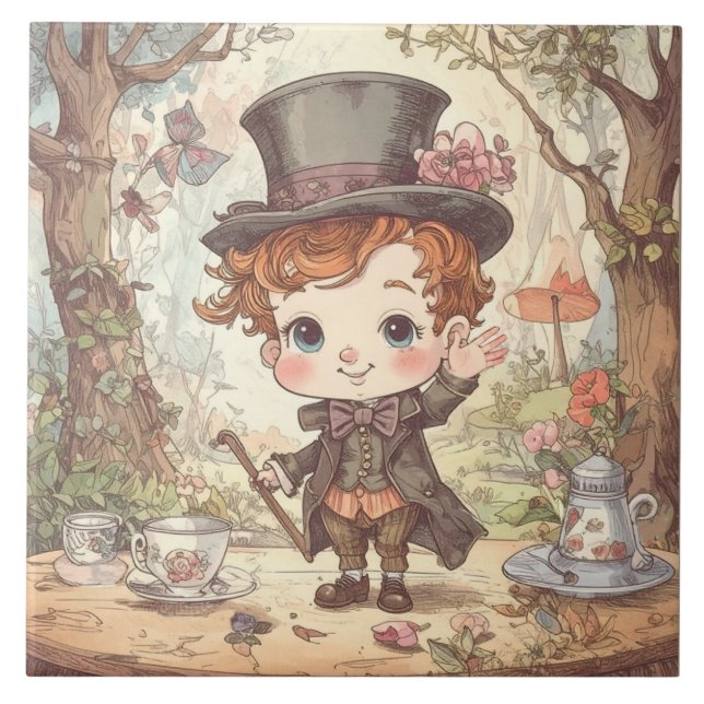Cute Mad Hatter Whimsical Wonderland Woodland Art Tile (Front)