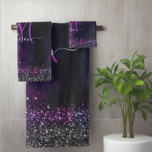 Cute magenta black faux glitter monogram bath towel set
