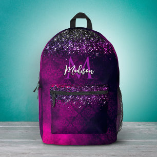 Cute magenta black faux glitter monogram printed backpack