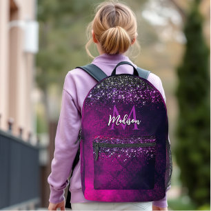Cute magenta black faux glitter monogram printed backpack