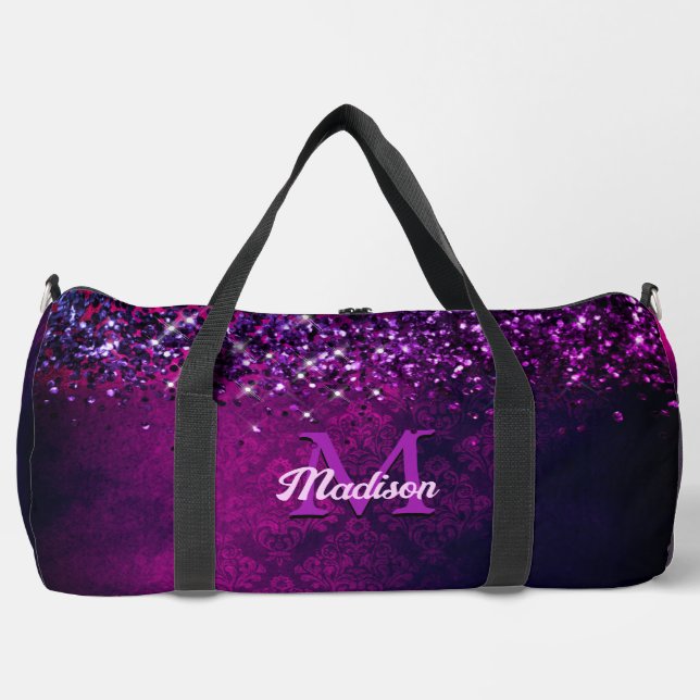 Cute magenta black faux glitter monogram printed duffle bag (Front)