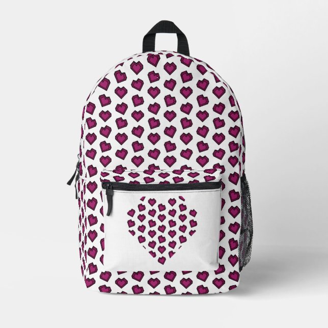 Cute Magenta Dark Pink Gemstone Heart pattern Printed Backpack (Front)