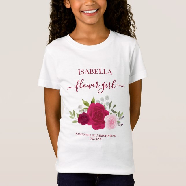 Cute Magenta Pink Roses Flower Girl Gift Wedding T-Shirt (Front)
