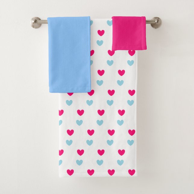 Cute Magenta Red & Light Blue Hearts Bath Towel Se (Insitu)