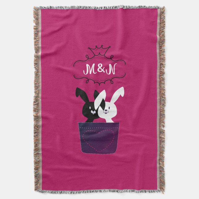 Cute Magenta With Black And White Bunnies Cartoon Throw Blanket (Front Vertical)