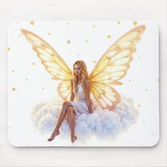 Cute magic blue eyes fairy bright golden wings mouse pad (Front)