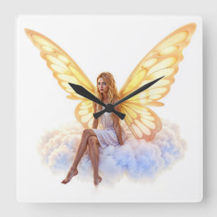 Cute magic blue eyes fairy bright golden wings square wall clock