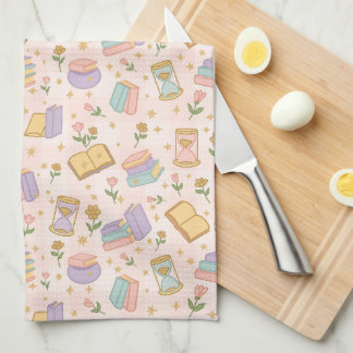 Cute Magic Books Pastel Pink Tea Towel
