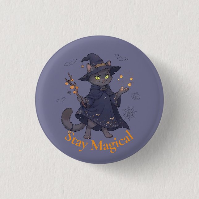 Cute Magic Cat Halloween Pin Button (Front)