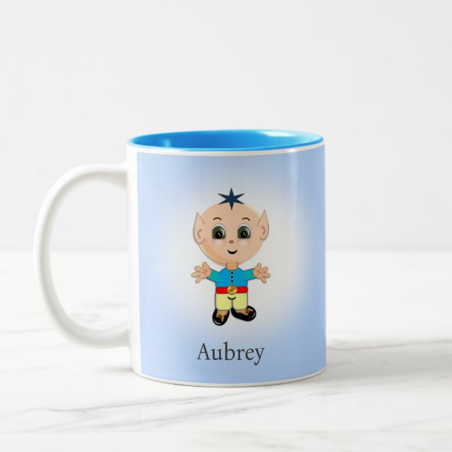 Cute Magic Elf on Light Blue Two-Tone Coffee Mug (Left)