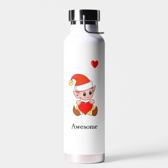 Cute Magic Elf with Heart on White Water Bottle (Left)