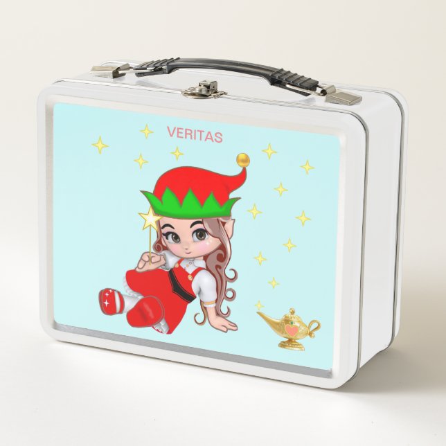 Cute Magic Fairy and Stars on Light Blue Metal Lunch Box (Front)