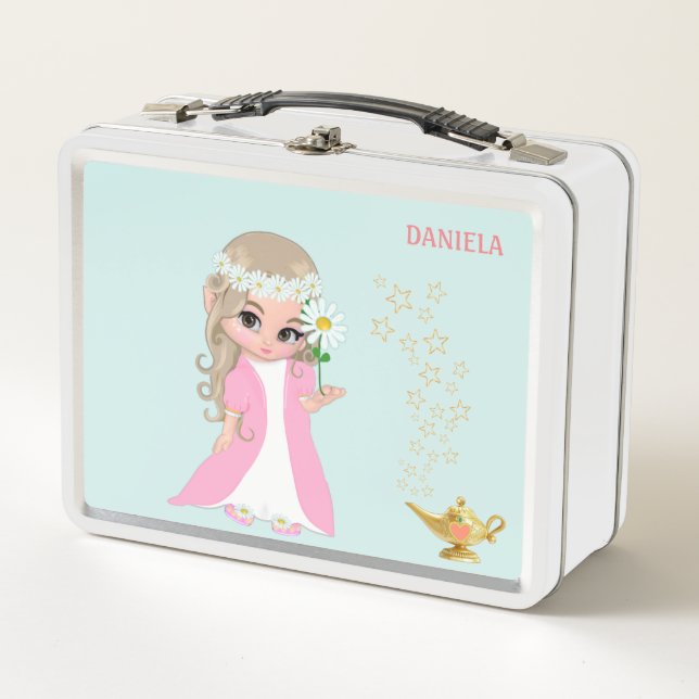 Cute Magic Fairy and Stars on Light Blue Metal Lunch Box (Front)