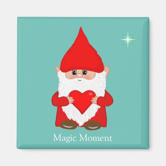 Cute magic gnome with heart on teal magnet (Front)