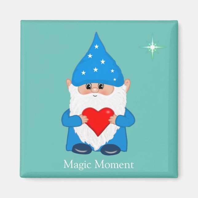 Cute magic gnome with heart on teal magnet (Front)