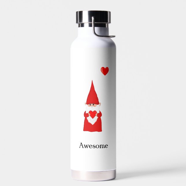 Cute Magic Gnome with Heart on White Water Bottle (Left)