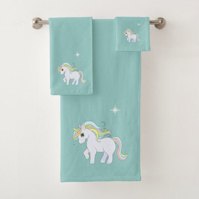 Cute Magic Unicorn & Star on Light Blue Bath Towel Set (Insitu)