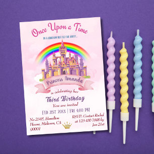 Cute magical castle rainbow princess 3rd birthday invitation