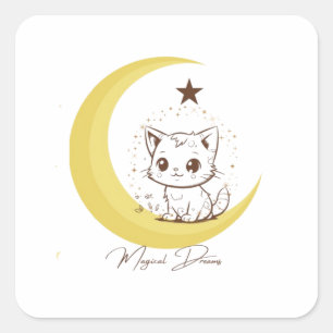 Cute Magical Cat on Moon Starry Dreams - Round Cla Square Sticker
