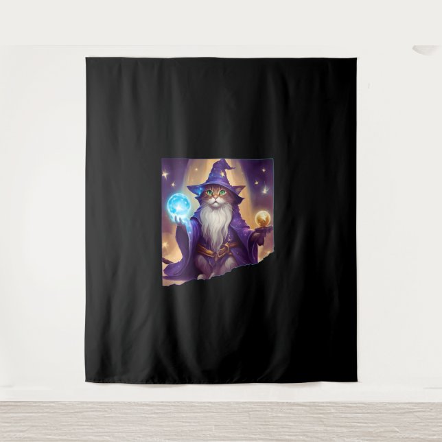 Cute Magical Cat Wizard Purrfect Wizard Feline Hal Tapestry (Front)