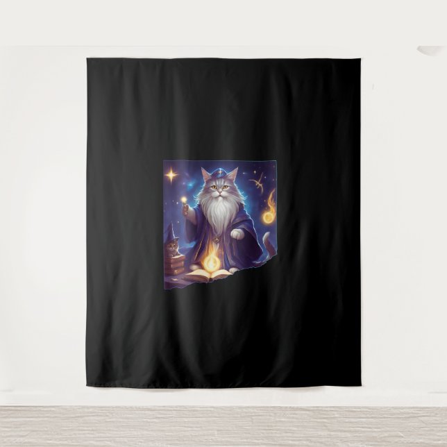 Cute Magical Cat Wizard Purrfect Wizard Feline Hal Tapestry (Front)
