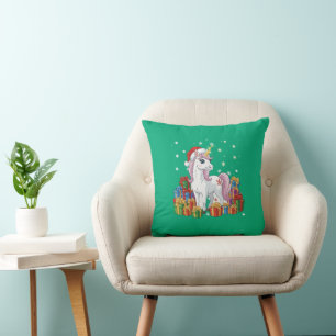 Cute Magical Christmas Unicorn with Santa Hat Cushion