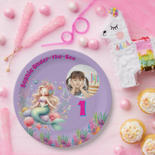 Cute Magical Floral Mermaid Photo 1st Birthday Paper Plate