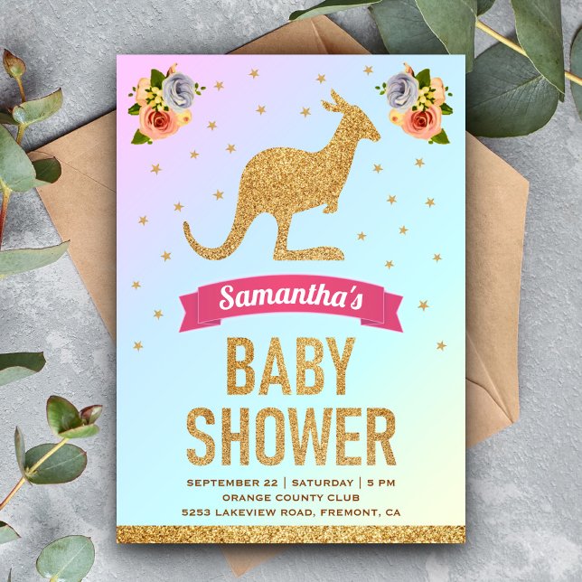 Cute Magical Gold Glitter Kangaroo Baby Shower Invitation (Creator Uploaded)