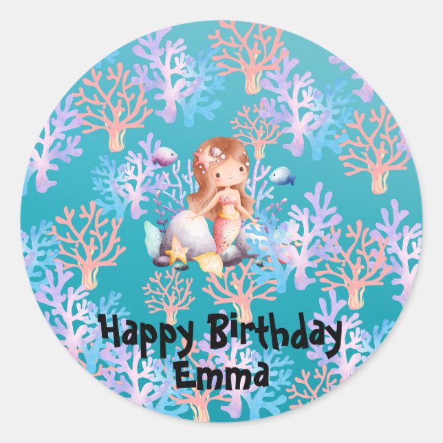 Cute Magical Mermaid fish coral sea Birthday girls Classic Round Sticker (Front)