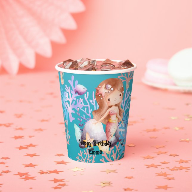 Cute Magical Mermaid fish coral sea Birthday girls Paper Cups (Insitu)
