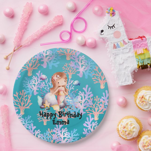 Cute Magical Mermaid fish coral sea Birthday girls Paper Plate (Party)