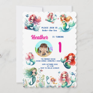 Cute Magical Mermaid On-dear-the-Sea 1st Birthday Invitation