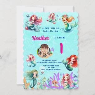Cute Magical Mermaid On-dear-the-Sea 1st Birthday  Invitation