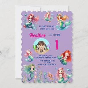 Cute Magical Mermaid On-dear-the-Sea 1st Birthday Invitation