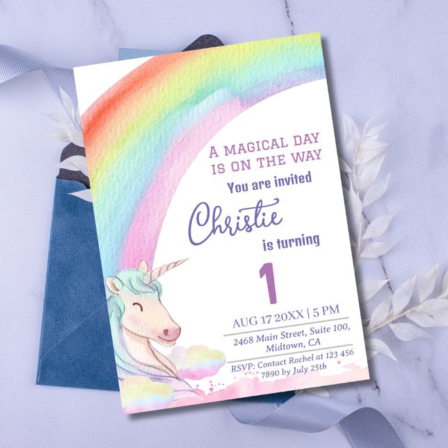 Cute magical modern unicorn rainbow 1st birthday  invitation (Creator Uploaded)