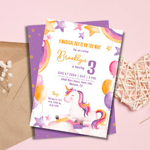 Cute magical modern unicorn rainbow 3rd birthday invitation