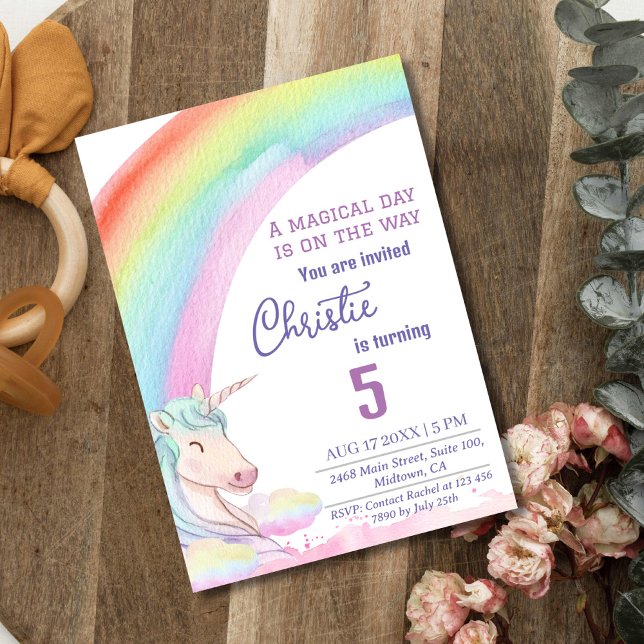 Cute magical modern unicorn rainbow 5th birthday  invitation (Creator Uploaded)