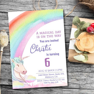 Cute magical modern unicorn rainbow 6th birthday invitation