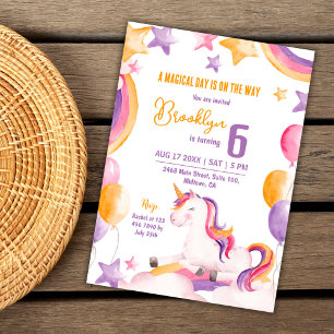 Cute magical modern unicorn rainbow 6th birthday invitation