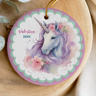 Cute magical pink unicorn girl holiday keepsake ceramic tree decoration