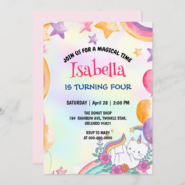 Cute Magical Rainbow Cat Unicorn Birthday Party  Invitation (Front/Back)