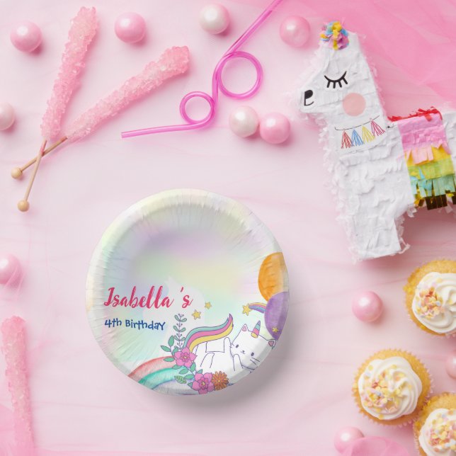 Cute Magical Rainbow Cat Unicorn Birthday Party  Paper Plate (Party)