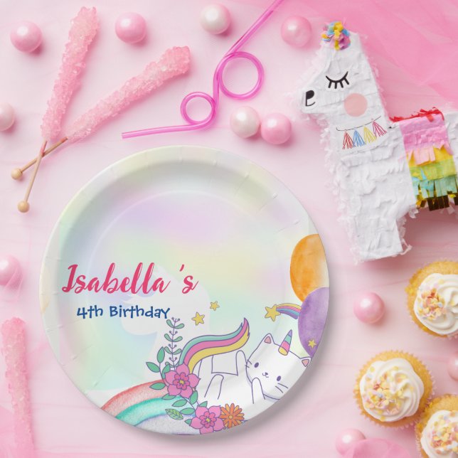 Cute Magical Rainbow Cat Unicorn Birthday Party  Paper Plate (Party)