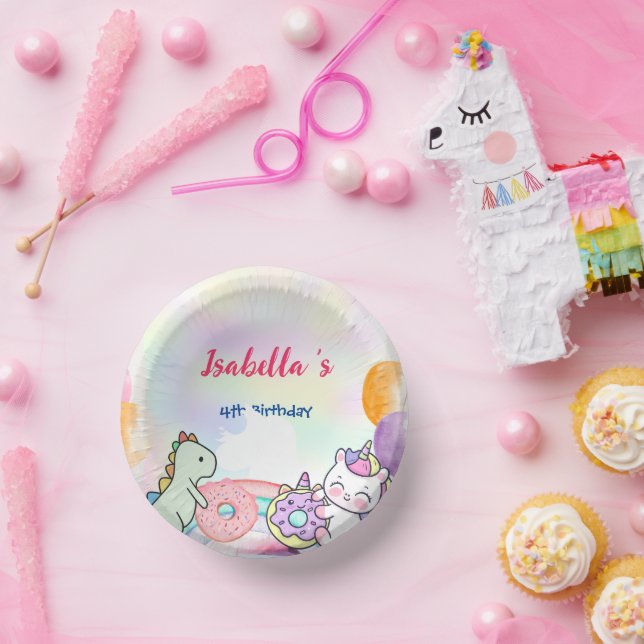 Cute Magical Rainbow Dino Unicorn Birthday Party  Paper Plate (Party)
