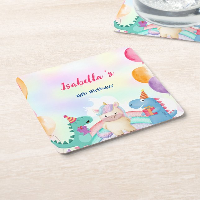 Cute Magical Rainbow Dino Unicorn Birthday Party  Square Paper Coaster (Angled)