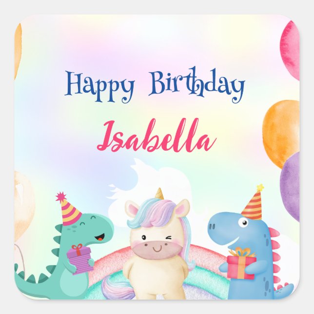 Cute Magical Rainbow Dino Unicorn Birthday Party  Square Sticker (Front)