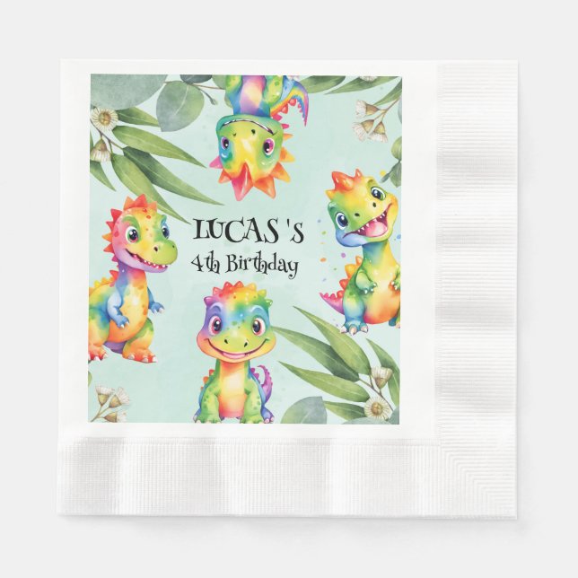 Cute Magical Rainbow Dinosaur Happy Birthday Party Napkin (Front)
