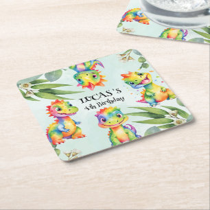 Cute Magical Rainbow Dinosaur Happy Birthday Party Square Paper Coaster