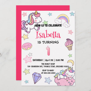 Cute Magical Rainbow Unicorn 1st Birthday Party Invitation