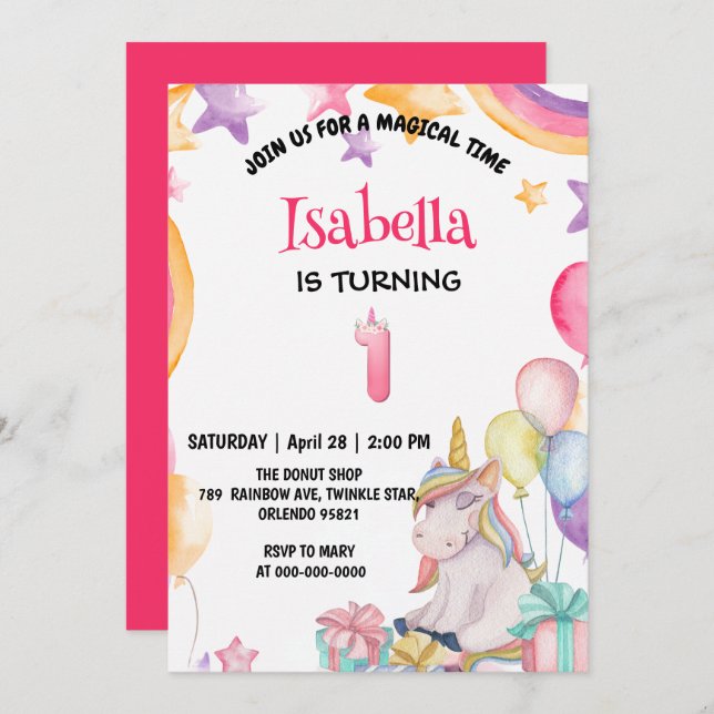 Cute Magical Rainbow Unicorn 1st Birthday Party  Invitation (Front/Back)